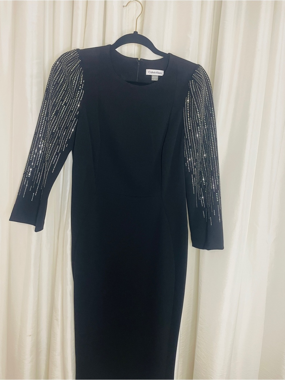 Calvin Klein Black Midi Dress with Beaded Silver-Accent Sleeves